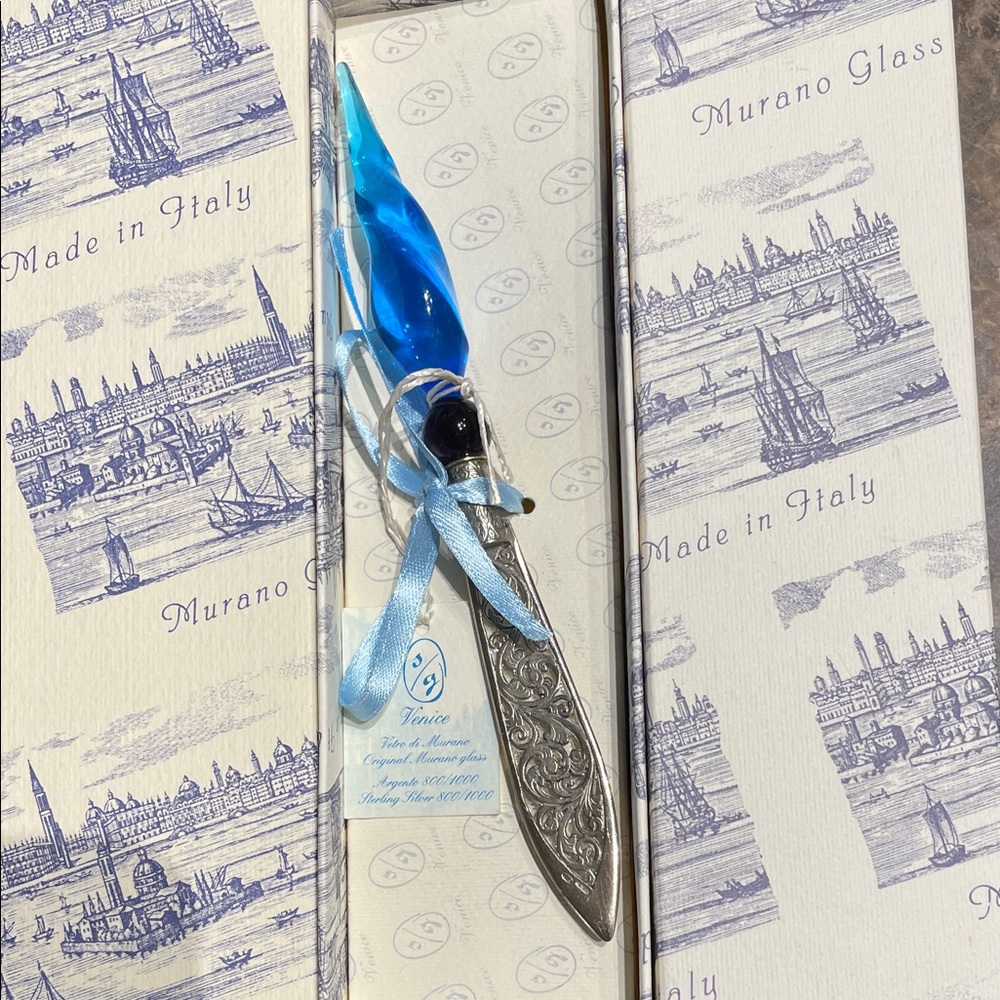 Murano Blue and Silver Glass Letter Opener